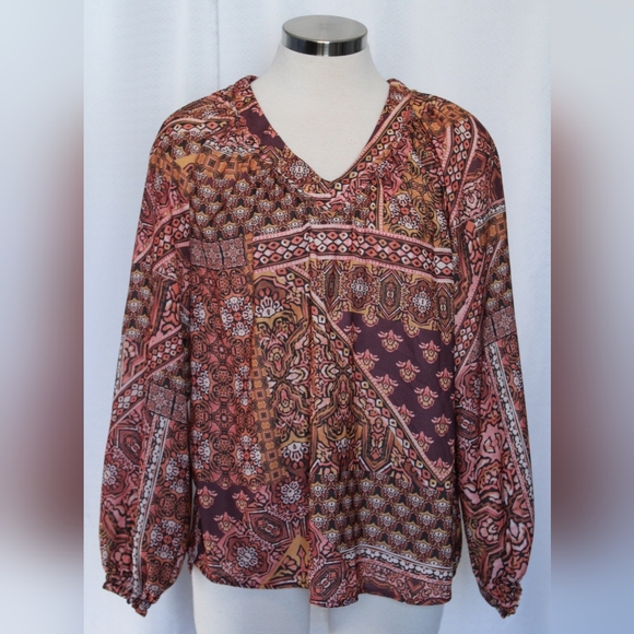 Democracy Tops - Democracy Women’s Small Boho Paisley V-Neck Blouse Burgundy Pink Long Sleeve